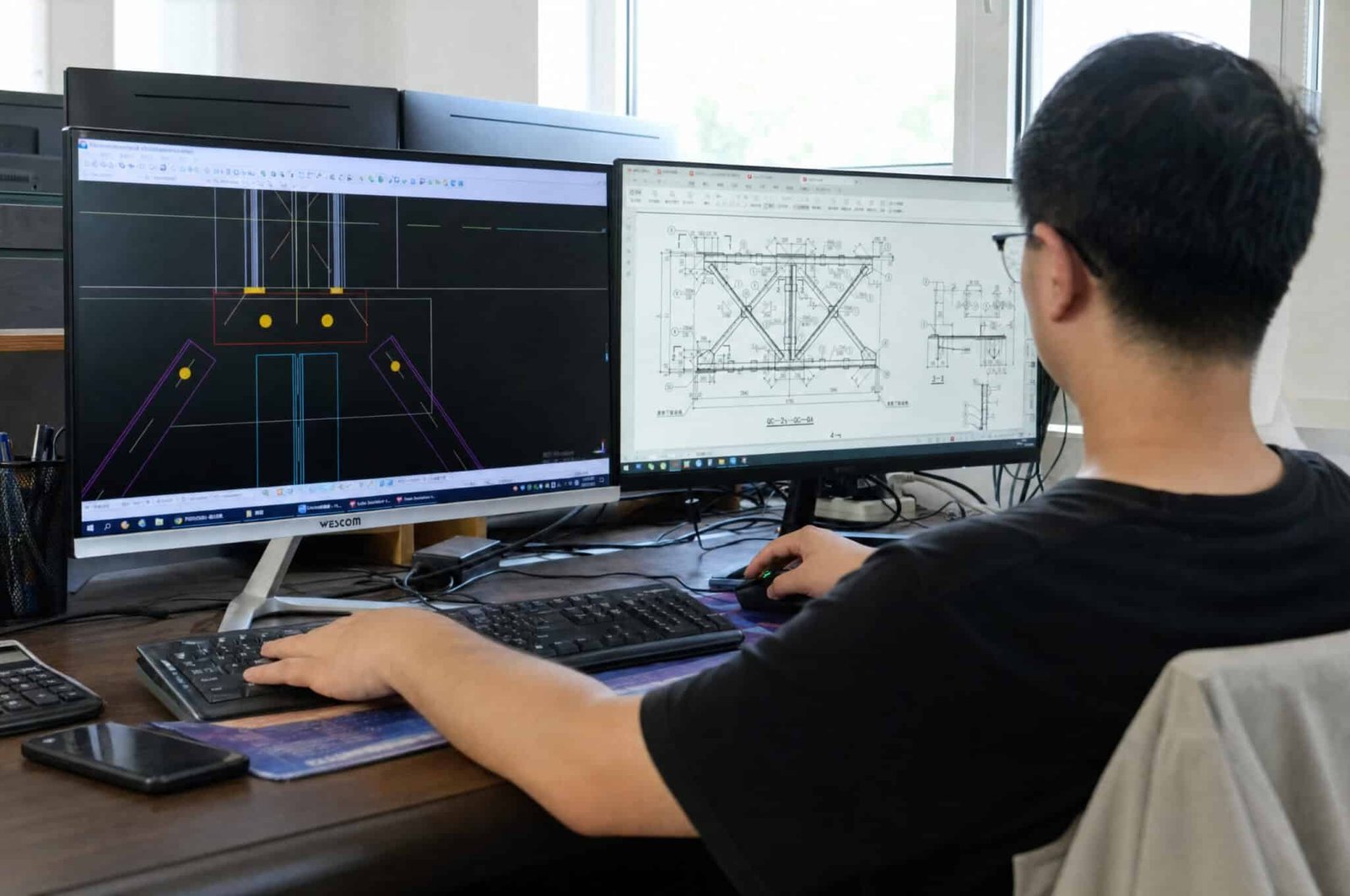 Steel structure engineering team reviewing project drawings
